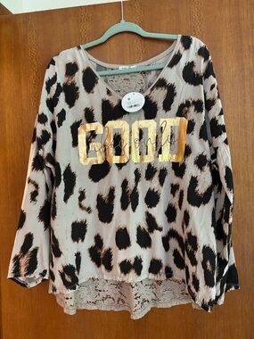 Italian Leopard Print Lace-Hem Top with Gold Foil Accent new